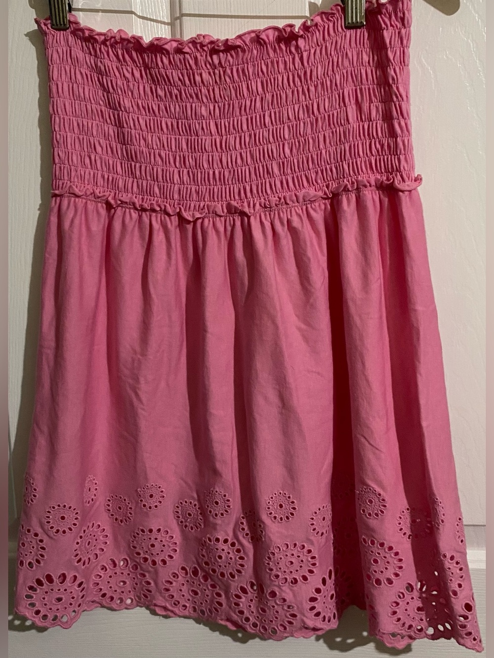 LOVE ROCKS WOMENS PINK ALL COTTON STRAPLESS TUNIC SMOCKED EYELET TOP